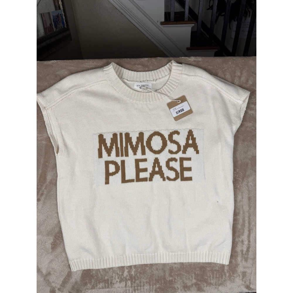 Blu Pepper "Mimosa Please" Knit Sweater Vest Women's Cream Tan Sleeveless NWT - Picture 1 of 13
